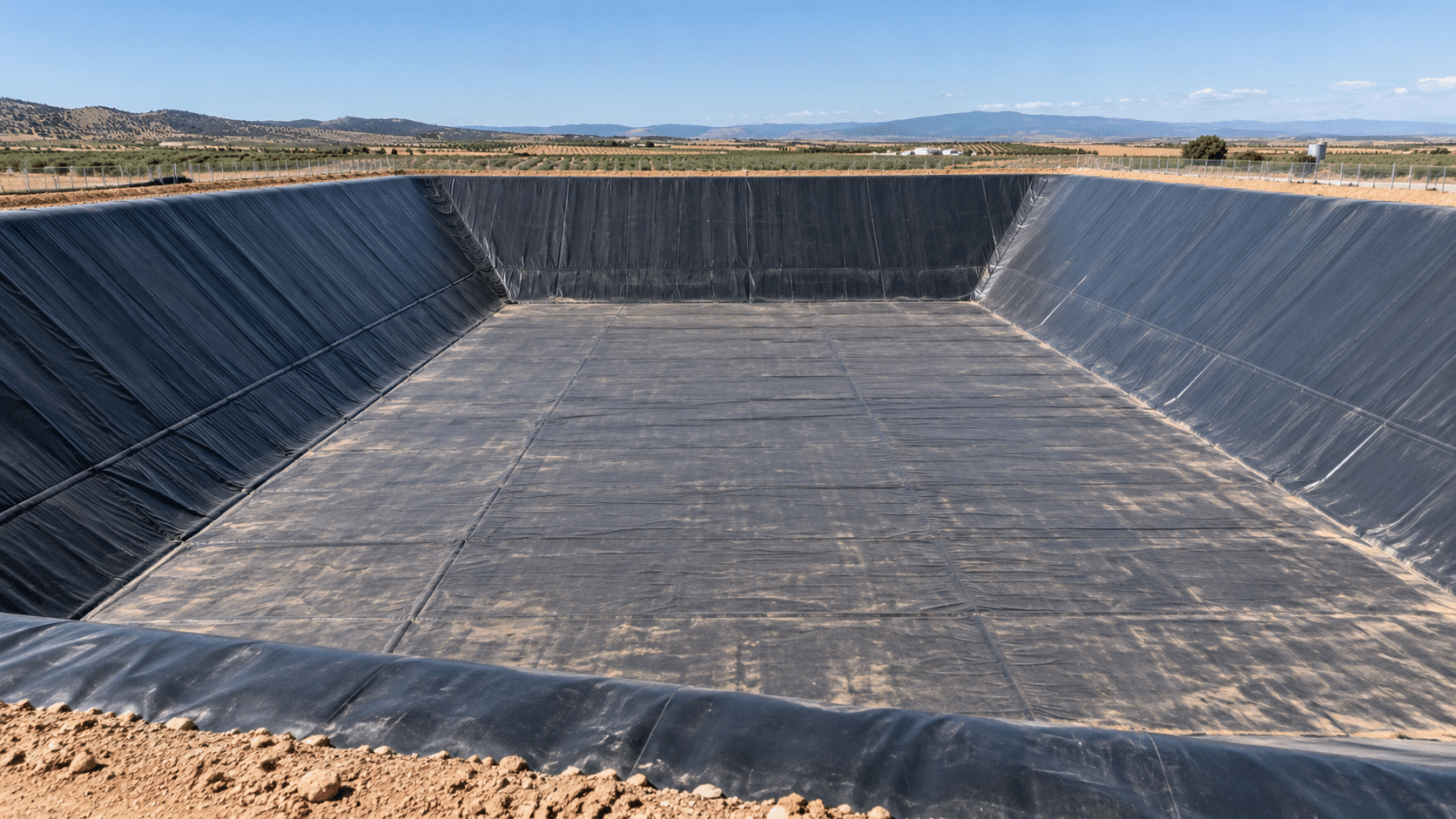 Gran embalse industrial con revestimiento impermeable negro