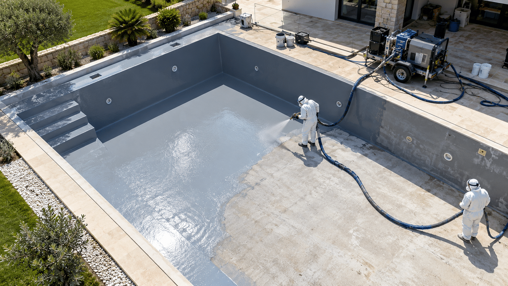 Renovación de piscina con revestimiento protector como parte de un trabajo de impermeabilización