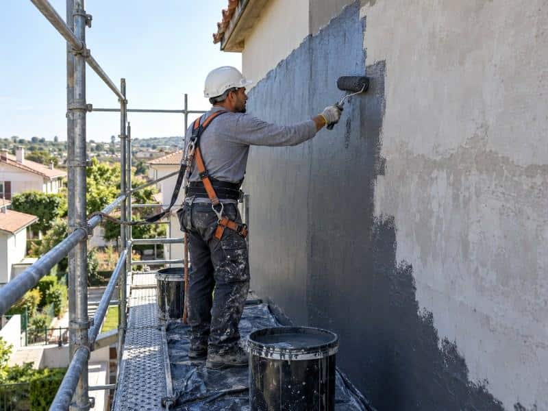 Operario impermeabilizando un muro medianero de una vivienda en Valencia