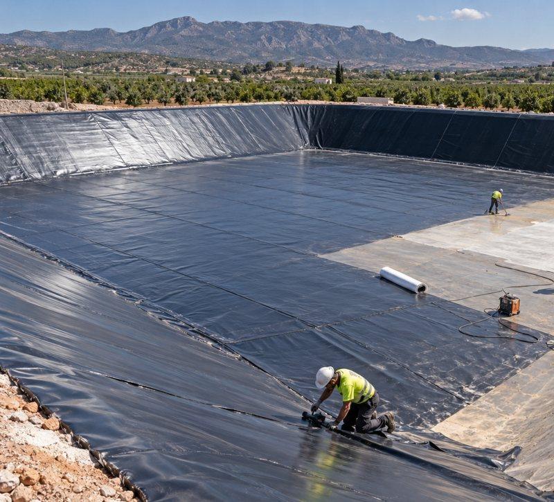 Operarios trabajando en la impermeabilización de una balsa de agua